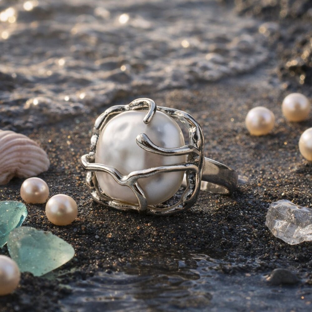 925 Sterling Silver Sculptural Faux Baroque Pearl Statement Ring Adjustable 6-9 - Picture 11 of 16